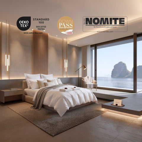 Bett mit Bettdecke, im Hintergrund Zertifikate Oeko-Tex Standard 100, Downpass und Nomite