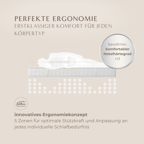 Grafische Darstellung der Excellence High-Class-Luxusmatratze mit ergonomischem Liegekonzept, das den Körper punktgenau stützt und Druckstellen reduziert.