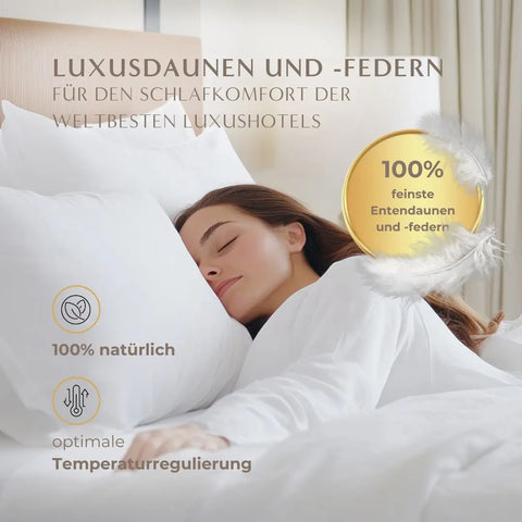 Person schläft entspannt auf dem Excellence 3-Kammer-Kissen Six Senses mit hochwertigen Daunen und Federn für natürliche Temperaturregulierung und weichen Liegekomfort.
