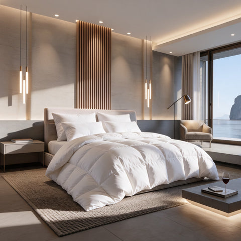 Luxushotel-Suite mit Meerblick, Bett mit HANSE Premium Natural Hybrid Kissen und weißer Daunendecke
