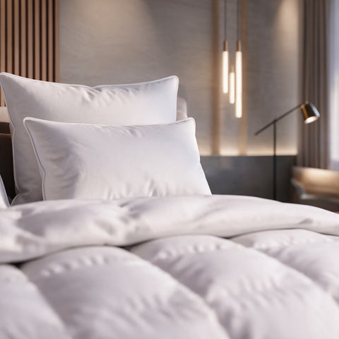 Weiße HANSE Premium Natural Hybrid Kopfkissen am Kopfteil eines Hotelbetts, davor eine bauschige Daunendecke