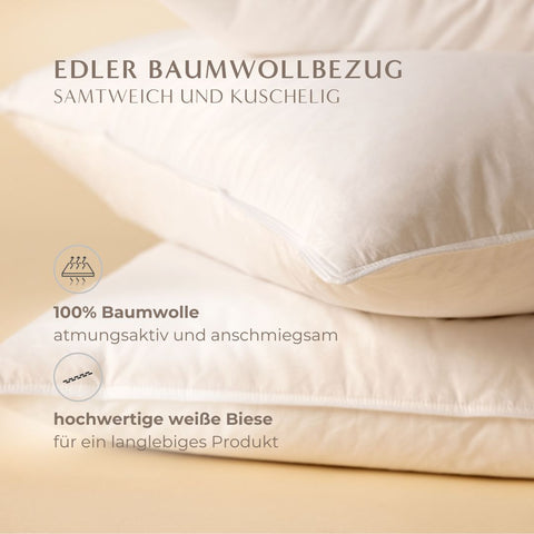 Nahaufnahme des Premium Kopfkissens Natural Hybrid mit atmungsaktivem Baumwollbezug, feiner weißer Biese und hochwertiger Verarbeitung.