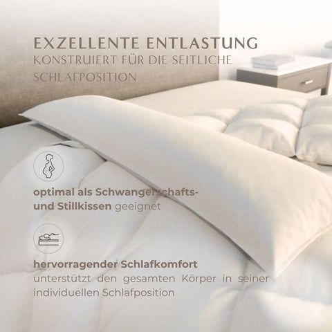 Premium Seitenschläferkissen auf einem Bett arrangiert, dargestellt mit großzügiger Liegefläche und komfortabler Kissenform.