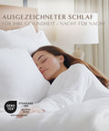 Frau schläft entspannt auf einem federfreien Kopfkissen von Hanse Select für gesunden und erholsamen Schlaf