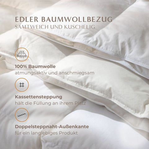 Federfreie Bettdecke mit edlem Baumwollbezug aus 100 Prozent Baumwolle und hochwertiger Kassettensteppung